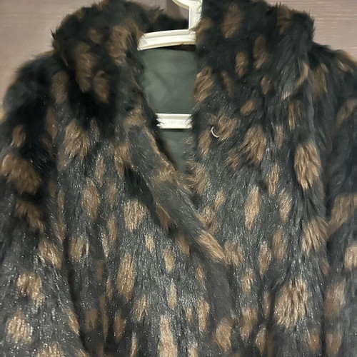 Eco fur coat with hood used, brown, oversized S-M