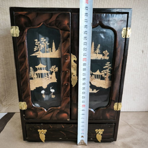 Vintage Chinese wooden jewelry box shaped like a wardrobe, like new