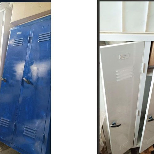 Metal staff lockers, set of three, two white and one blue