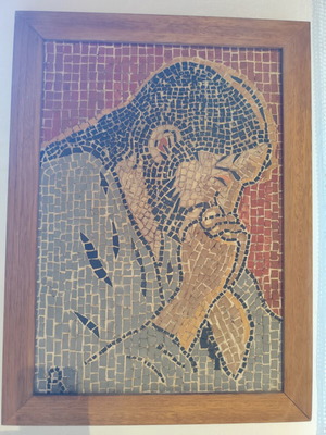 Mosaic with depiction of Christ new, handmade cement tiles in frame 65x48.5cm