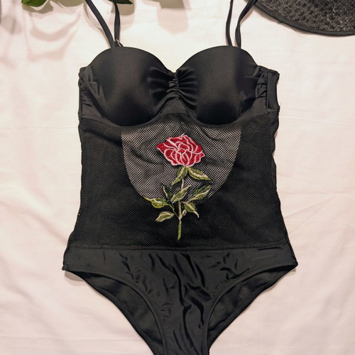 Black goth one piece swimsuit with mesh and embroidered rose, like new, size S/M