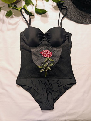 Black goth one piece swimsuit with mesh and embroidered rose, like new, size S/M