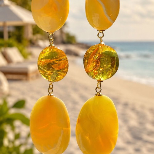 Long Amber Earrings with White Baltic Amber and 24K Gold Plated Silver