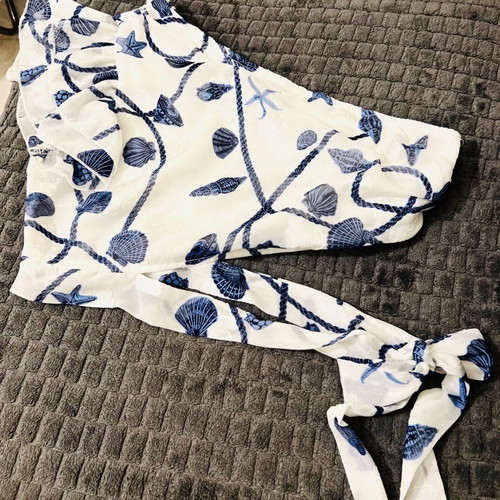 One-shoulder blouse with waist tie Medium like new, white and blue