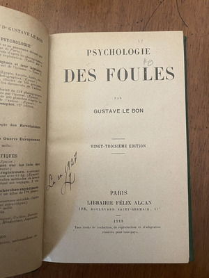 Βιβλίο Gustave Le Bon Psychologie des Foules μεταχειρισμένο, γαλλική έκδοση 1918