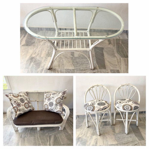 Bamboo outdoor furniture set used, white, 1 table, 1 loveseat, 2 chairs