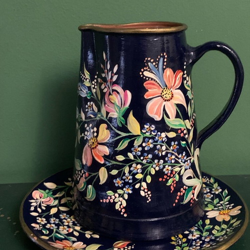 Handmade water pitcher and serving plate set like new with acrylic painting