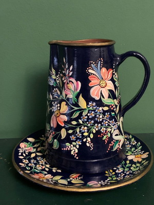 Handmade water pitcher and serving plate set like new with acrylic painting