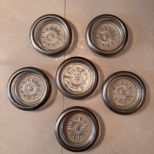 Glass coasters with silver plate border, set of 6, like new