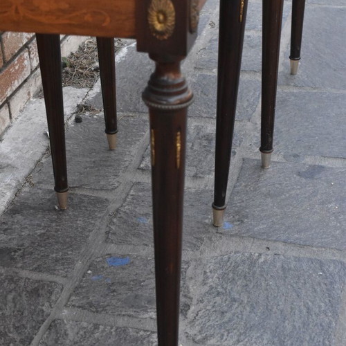 French vintage side tables used, pair with marble and marquetry