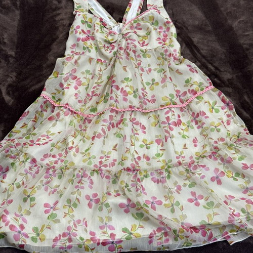 Romantic mini dress used, floral chiffon, pink green beige