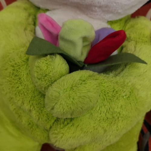Large Plush Frog like new, soft velvet fabric, holding flowers