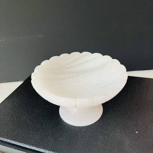 Vintage Italian Pedestal Bowl made of Genuine Pink Alabaster, hand-carved, used