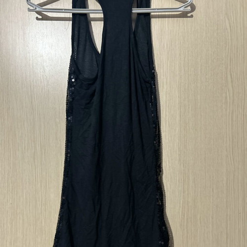 TT Studio black tank top with birds and fringes used, S/M