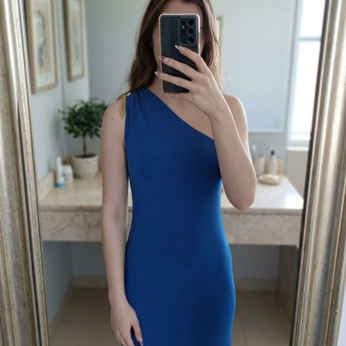 Maxi dress blue one shoulder bodycon slit elegant size M like new