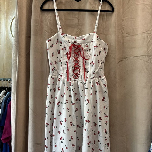 Cherry print dress size M new, white
