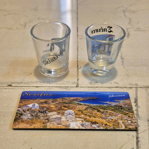 Souvenir set with shot glasses and magnet from Skiathos, Spetses, Serifos