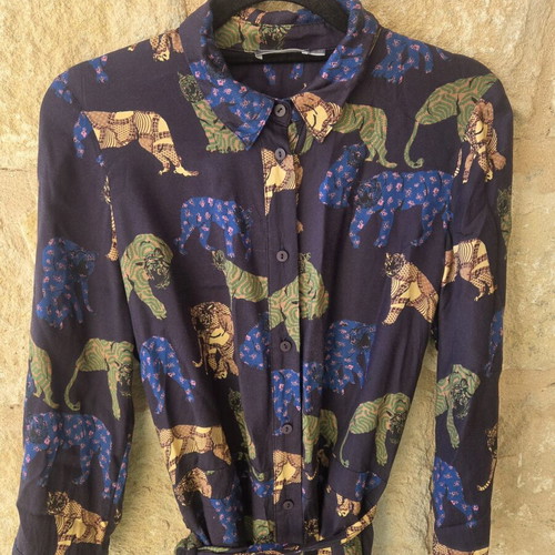 Geisha Tiger Print Midi Belted Shirt Dress like new, colorful
