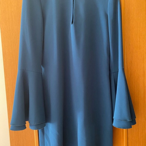 Tenax crepe dress like new, long sleeved with ruffles, petrol green