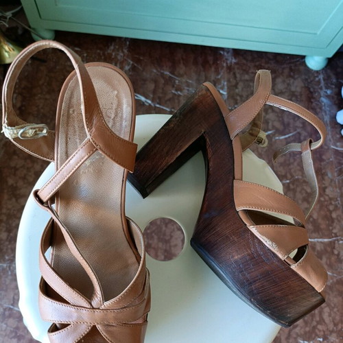 High Heeled Platform Sandals used, size 39, beige