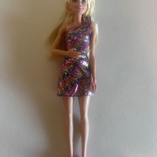 Barbie Fashionistas Party Glam doll with metallic multicolor dress and fuchsia heels, Mattel
