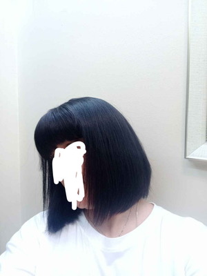 Natural hair wig long bob with bangs, black