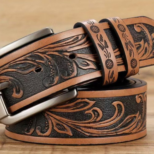 Set of 2 men's embossed leather belts brown new, length 130cm