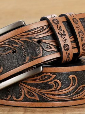 Set of 2 men's embossed leather belts brown new, length 130cm