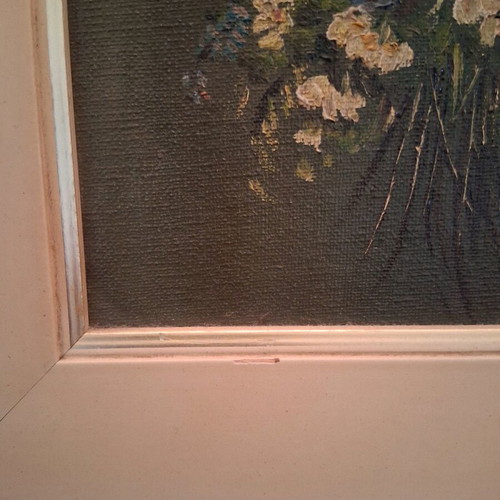 Framed floral artwork like new with wooden olive frame