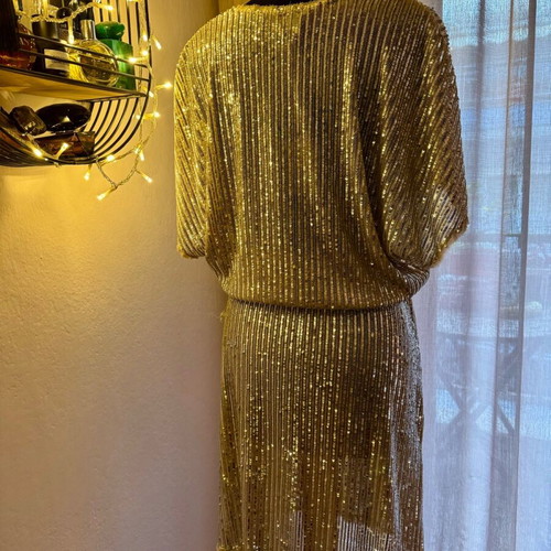 L.A. Dolls gold evening dress new, medium size with elastic waist