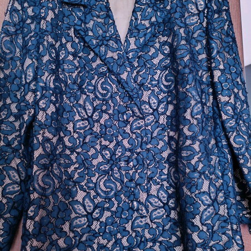 Women's jacket with blue lace on beige fabric, like new, size Large