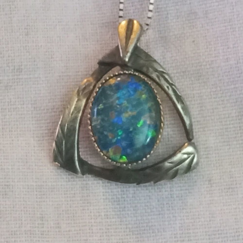 Silver 925 necklace with gold-plated opal, vintage, 40cm chain