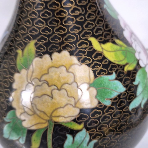 Pair of used cloisonné lamps 37 cm with enamel and wooden bases