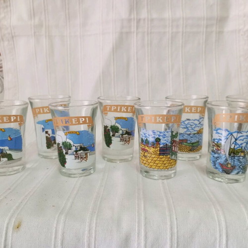Set of 10 new shot glasses with designs and Trikeri inscription