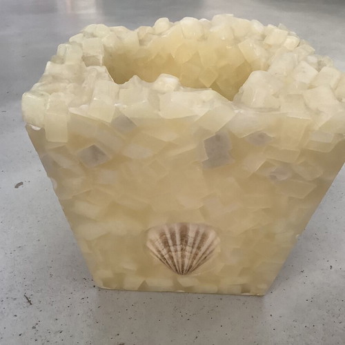 Handmade decorative candle holder used, cream color wax
