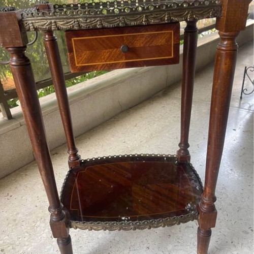 Marquetry coffee table used, solid wood, bronze and glass, 1970