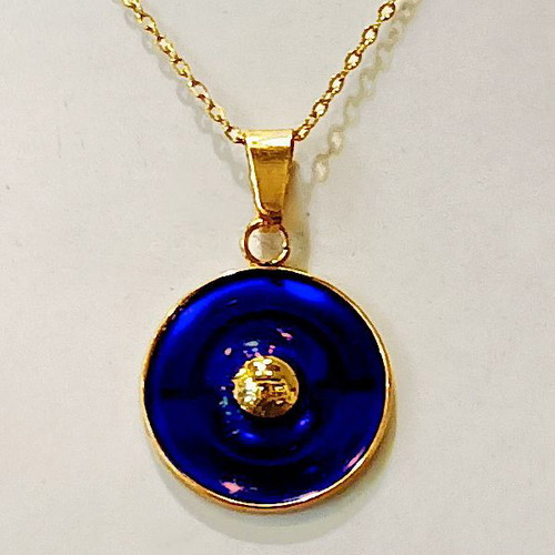 "Bleu Céleste" stainless steel handmade necklace in gold color with blue enamel.