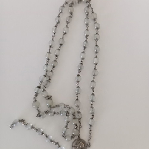 Vintage handmade white rosary with opaline beads and silver details