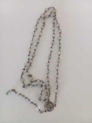 Vintage handmade white rosary with opaline beads and silver details