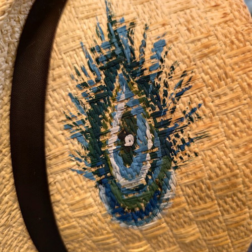Handmade hat like new, beige with turquoise painting, size S