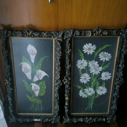 Embroidered frames with handmade woodcarving, set of 2 pieces