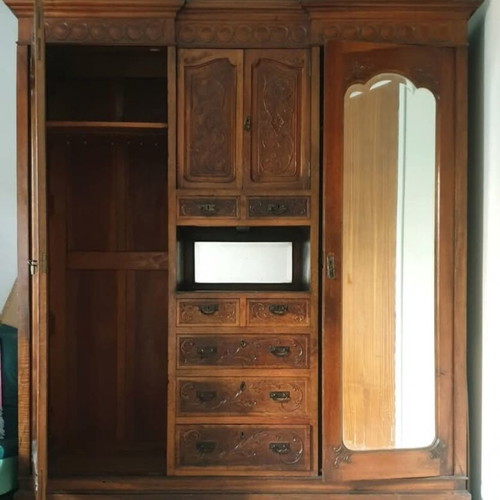 Handmade carved cabinet 1945, used, with mirror and drawers