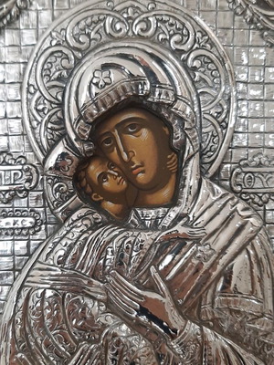 Byzantine icon of Virgin Mary used, silver 950, wooden frame