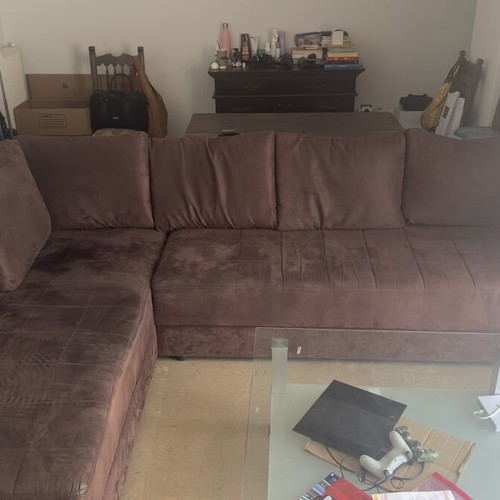 Marmaridis corner sofa with sueded fabric, double bed & storage