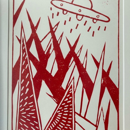 Linocut geometric shapes and UFO on 300g paper, new