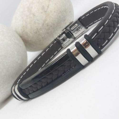 Men's Leather Bracelet with Stainless Steel and Tabac Leather New