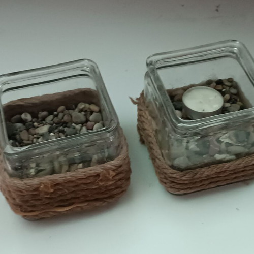 Handmade glass tealight candle holders, set of 2, jute rope