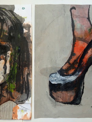 Lot of 2 abstract paintings on paper Girl and the high heel, new