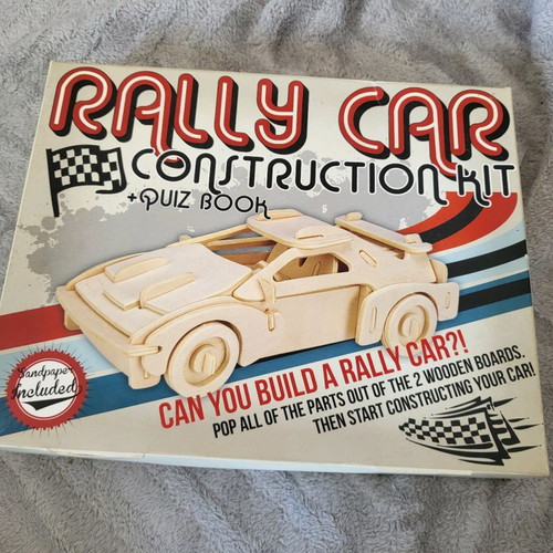 Rally car wooden construction kit 43 pieces new with quiz book