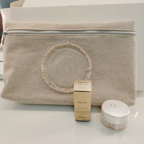 Dior Beauty beach or cosmetics pouch with collectible Diorific Happy 2020 lipstick and Capture Total Cell Energy 15ml